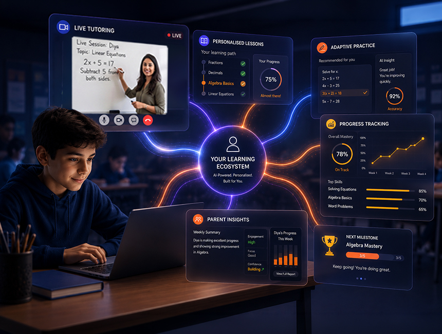 Student learning online with a live tutor and personalised learning ecosystem